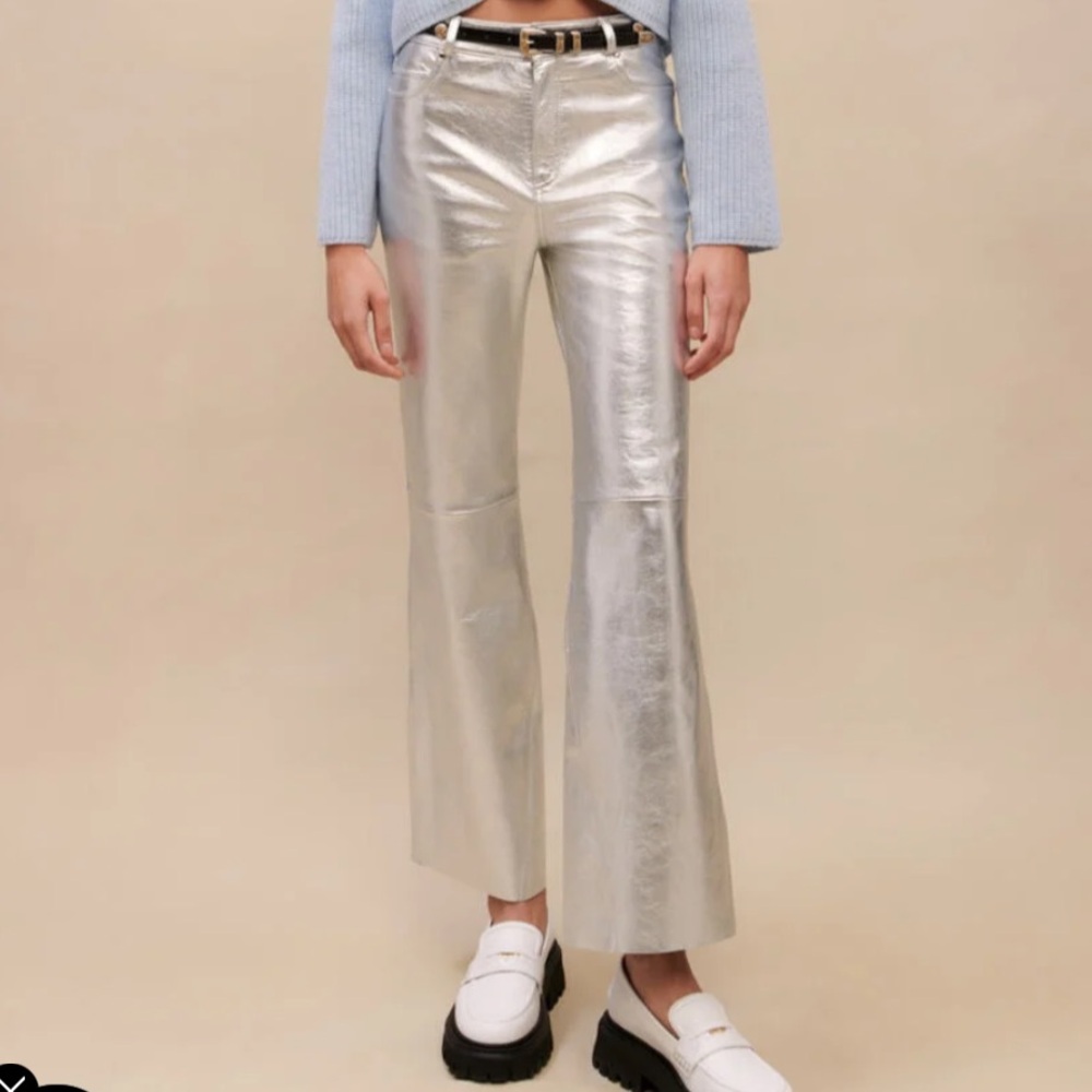 Maje Metallic Silver Wide-Leg Cropped leather Pants
